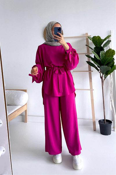Ka Hijab Set 2 piese Hijab cu centură în talie - fucsia