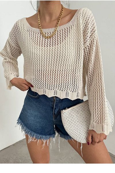 bayansepeti Beige Knitwear Fabric Wide Collar Knitted Design Basic Blouse 12311