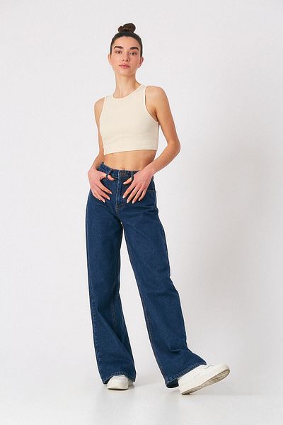 DRC trend Elina Lycra Women's Navy Blue Super High Waist Loose Leg Denim Jeans Palazzo Pants