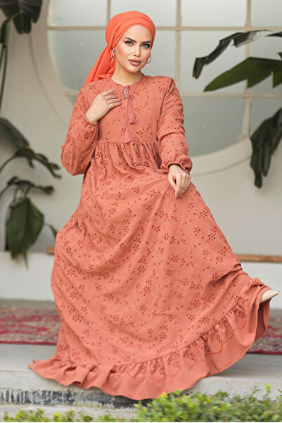 Neva Style Laced Tan Hijab Dress 23201TB