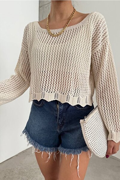 bayansepeti Μπεζ Πλεκτά Ύφασμα Φαρδύ γιακά Πλεκτό Σχέδιο Basic Μπλούζα 12311