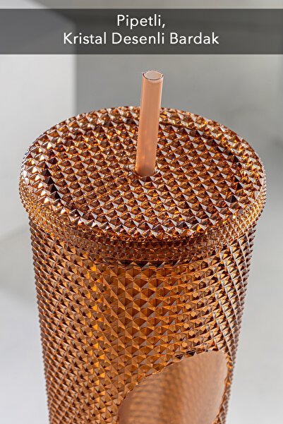 Meleni Home Crystal Look Coffee Cup with Straw Cold, Hot Drink Travel Cup 750 Ml-Brown