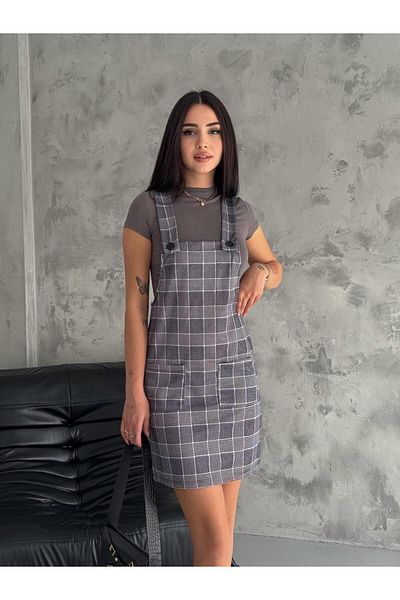 MsLena Butik Καρό μοτίβο λουράκι διπλής τσέπης Lycra Γυναικείο φόρεμα Salopet Γκρι 90% Πολυεστέρας - 10% Lycra No140-1232