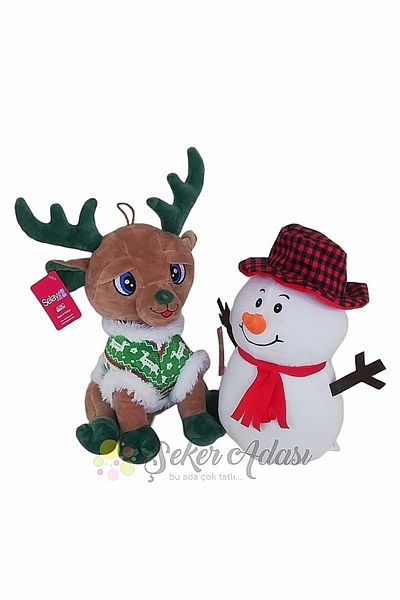 Şeker Adası Cute Plush Deer 28 cm and Plush Snowman 25 cm Double Toy Set Gift