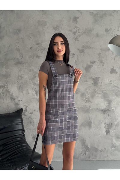 MsLena Butik Καρό μοτίβο λουράκι διπλής τσέπης Lycra Γυναικείο φόρεμα Salopet Γκρι 90% Πολυεστέρας - 10% Lycra No140-1232