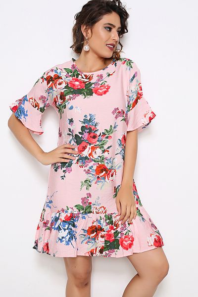 AVORWE Rochie cu volane cu decolteu cu imprimeu floral și mâneci