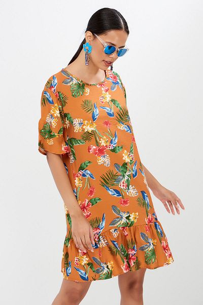 AVORWE Rochie cu volane cu decolteu cu imprimeu floral și mâneci