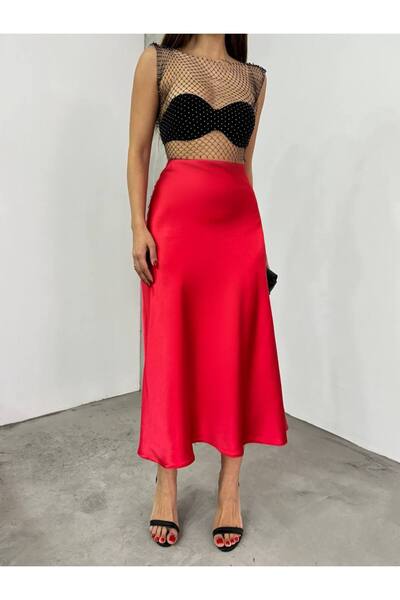 Butik Beyza Fustă din satin cu fermoar ascuns cu talie elastică