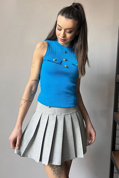 GÜLSELİ Bluză de damă din tricotaj Lycra cu detaliu cu nasturi aurii albastru