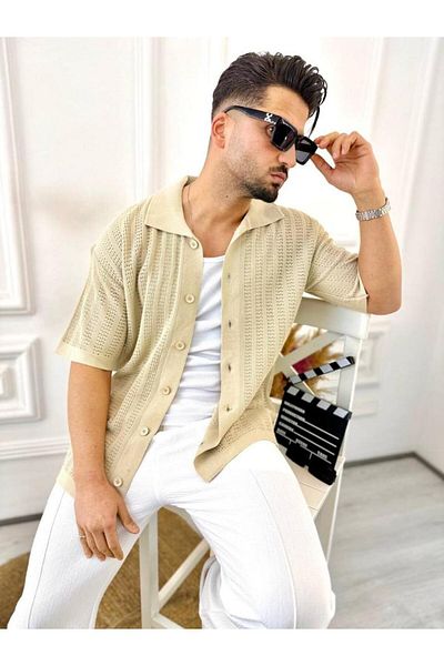 elkumoda Πουκάμισο Oversize Αντι-ιδρώτα Διχτυωτό Ύφασμα Ιταλικό γιακά Φαρδύ πουκάμισο