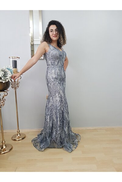 FERGAN KADIN GÜMÜŞ GÖĞÜS TRANSPARAN KENDİNDEN SİMLİ DESENLİ BALIK ABİYE ELBİSE