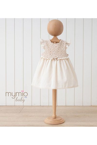 Mymio 6-24 Months Beige Short Sleeve Embroidered Cotton Baby Girl Summer Dress