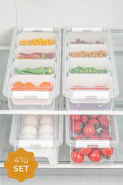 Vienev Set of 4 Long Storage Containers with Lockable Lid 2x(2.5 Liter Boxed)2x(3.5 Liter Empty and with Egg Holder)