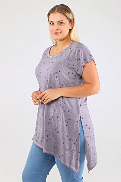 Seamoda Bee Printed Side Slit Detail Comfortable Large Size T-Shirt - Light Purple