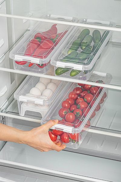 Vienev Set of 4 Long Storage Containers with Lockable Lid 2x(2.5 Liters Empty)2x(3.5 Liters Empty and Egg Cup)