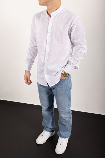 WAMOSSALAPLI Сорочка з довгими рукавами та коміром-стійкою, повністю застібається на ґудзики, з льону