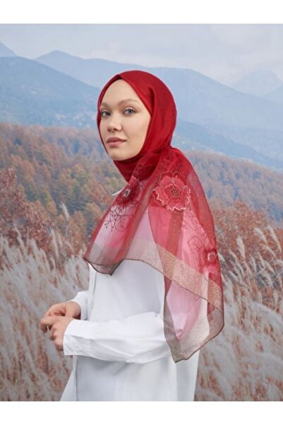 ARMANDA Embroidered Turquoise Shawl - Claret Red