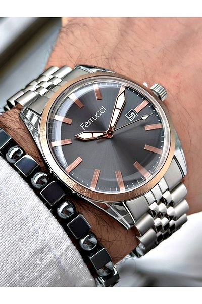 Ferrucci Silver Color Steel Case Men's Wristwatch + Bracelet Gift