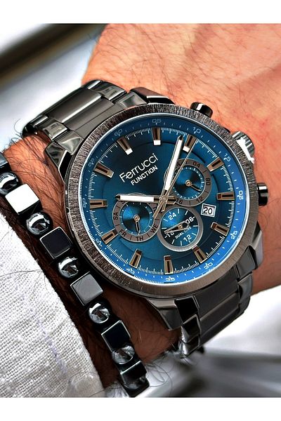 Ferrucci Smoke Color Function Steel Cord Men's Wrist Watch with Bracelet Gift