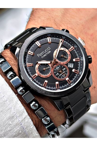 Ferrucci Black Color Functional Steel Strap Men's Wristwatch Bracelet Gift