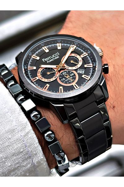Ferrucci Black Color Functional Steel Strap Men's Wristwatch Bracelet Gift