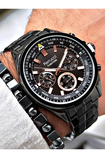 Ferrucci Black Steel Cord Function Men's Wristwatch with Bracelet Gift