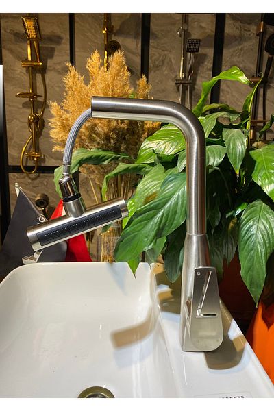 İSAOĞLU YAPI Matte Chrome Kitchen Faucet Spiral Sink Tap Waterfall Flow 4 Function Fixture