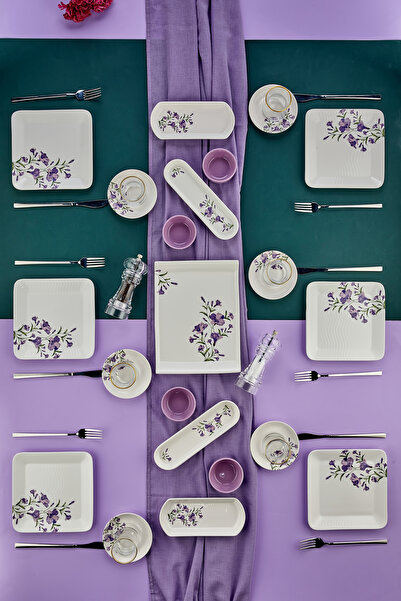 Erbaşlar Lila Sarmaşık 21 Parça 6 Kişilik Kare Kahvaltı Takımı, Seti