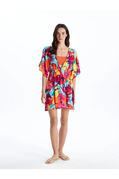 LC Waikiki LCW DREAM Damen-Strandkleid mit V-Ausschnitt, Blumenmuster, kurzen Ärmeln