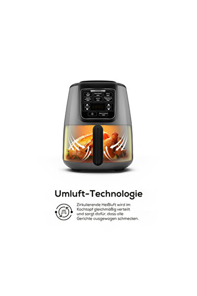 Karaca Air Cook XL 2 in 1 Airfryer Raum Grau Schwarz, Fritten, Hausjoghurt, Trockene Gemüse Obstsort