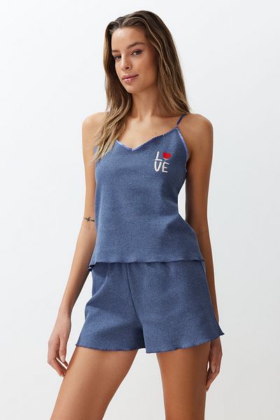 Trendyol Collection Set pijamale tricotate cu curea de frânghie brodate cu textura albastră THMSS24PT00155
