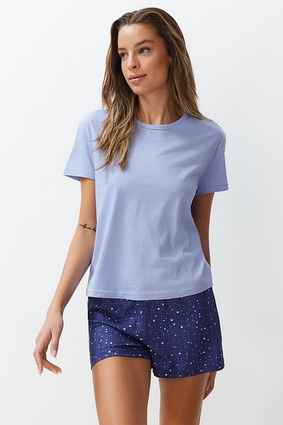 Trendyol Collection Csillagmintás 100% pamut kék rövidnadrág pizsama szett - THMSS24PT00202