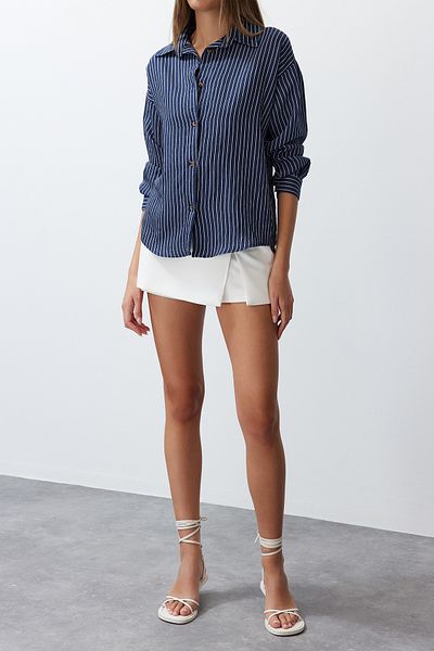 Edit by Trendyol Blue Striped Regular Woven Shirt TEDSS24GO00002