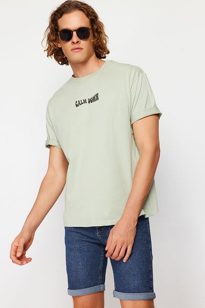 Trendyol Collection Menta puffadt szövegű széles szabású pamut póló - TMNSS24TS00117