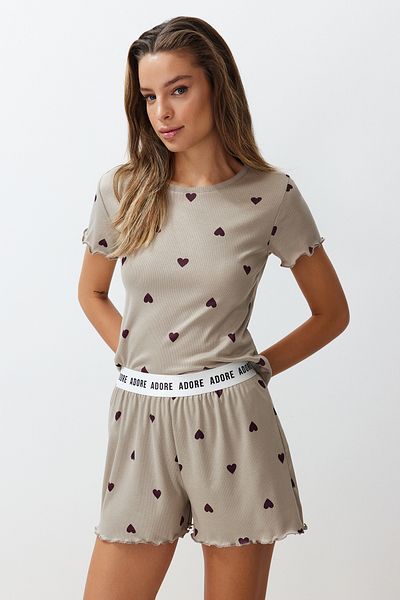 Trendyol Collection Mintfarbenes, mit Herz-Slogan bedrucktes, elastisches, geripptes Shorts-Strick-Pyjama-Set THMSS24PT00220