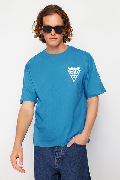 Trendyol Collection City Print – 100% bavlna Oversize modré tričko TMNSS20TS1102 Crew Neck