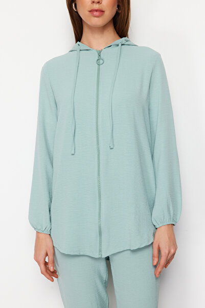Trendyol Modest Mintfarbenes Aerobin-Cardigan- und Hosen-Set – Kapuzenpullover und Reißverschluss TCTSS22US0026