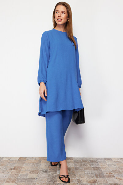 Trendyol Modest Indigová elastická souprava Aerobin Tunika-Kalhoty s širokým rukávem TCTSS22US0023
