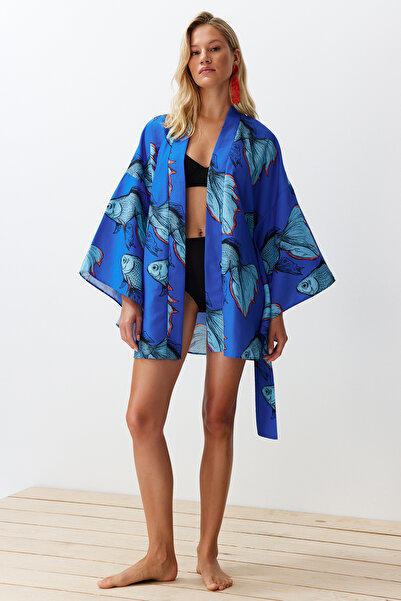 Trendyol Collection Mini Woven Beach Kimono - podvodní vzor s páskem a setrvačníkem TBESS23KM00024