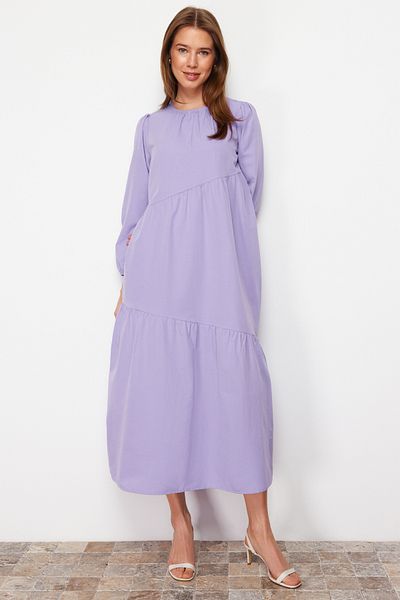 Trendyol Modest Fliederfarbenes, detailliertes, gewebtes Baumwollkleid mit weitem Schnitt TCTSS21EL3470