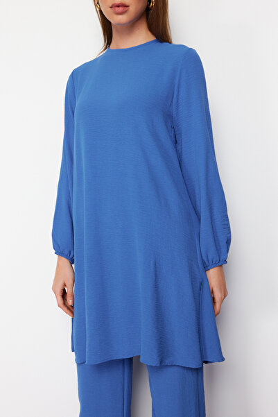 Trendyol Modest Indigová elastická souprava Aerobin Tunika-Kalhoty s širokým rukávem TCTSS22US0023