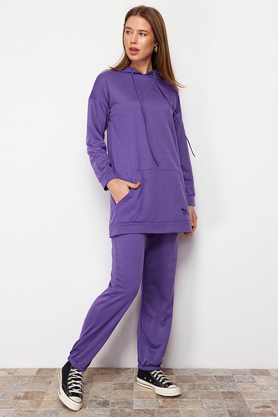 Trendyol Modest Σετ φόρμας με μωβ κεντημένη υπερμεγέθη κουκούλα - Καγκουρό Pocket TCTSS21EM0085