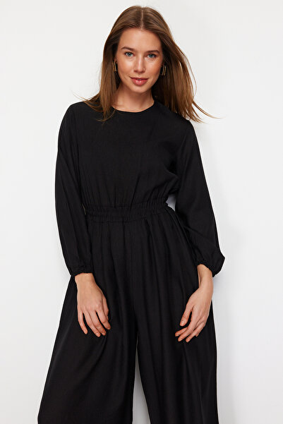Trendyol Modest Black Crew Neck Elastic Waist Comfortable Cut Wide Leg Linen Look Jumpsuit TCTSS21TU0206