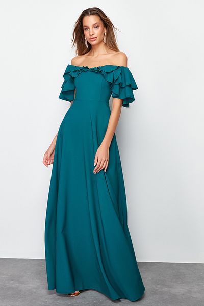 Trendyol Collection Smaragdově zelené dlouhé večerní šaty střihu do A - TPRSS24AE00054