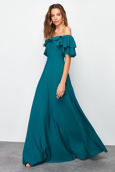 Trendyol Collection Smaragdově zelené dlouhé večerní šaty střihu do A - TPRSS24AE00054