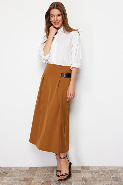 Trendyol Modest Brown Accessory Detailed Woven Skirt TCTAW24EE00014