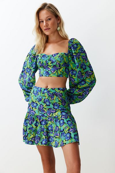 Trendyol Collection Floral Print Blouse and Beach Skirt Set with Balloon Sleeves - Tbess24Au00046