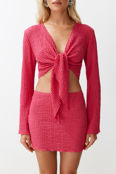Trendyol Collection Fuchsia Laced Textured Blouse Skirt Beach Suit Tbess24Au00035