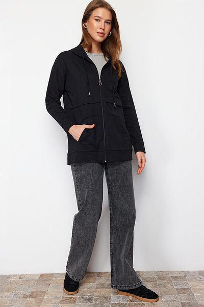 Trendyol Modest Black Hooded Zippered Knitted Sweatshirt Cardigan TCTAW22TW0035