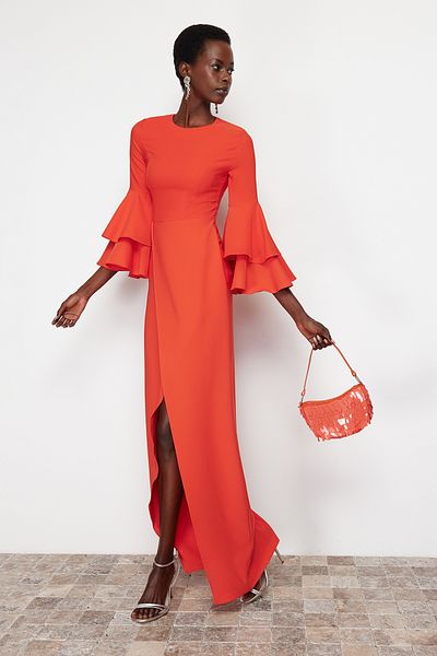Trendyol Collection Gránátalma virág lendkerék részletes szőtt hosszú elegáns estélyi ruha TPRSS24AE00005
